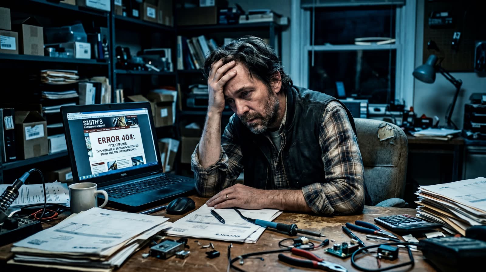 Frustrated contractor at desk with broken outdated website on laptop screen — the cost of set-it-and-forget-it marketing