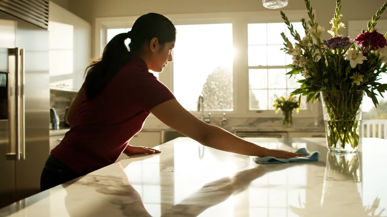 Marble counter being cleaned at golden hour with bright window light