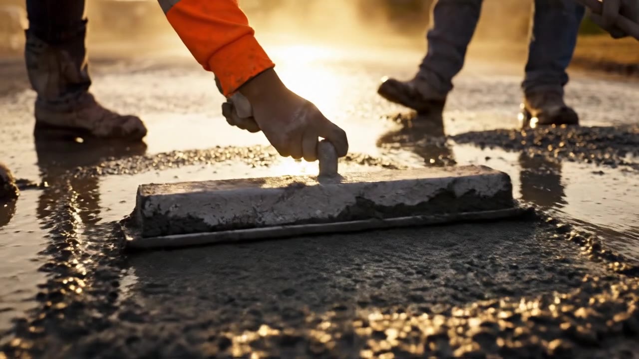 Concrete finishing with magnesium float at golden hour