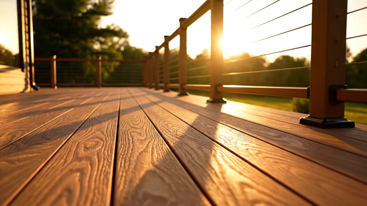Composite deck at golden hour with cable railing