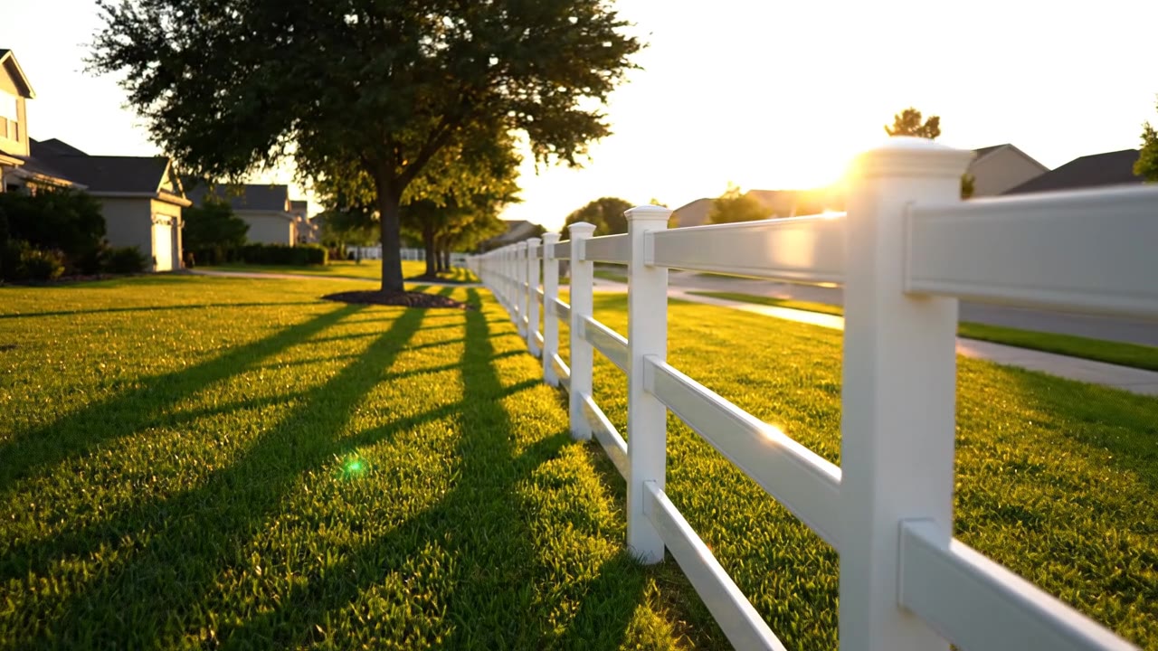 Freshly installed white vinyl fence at golden hour