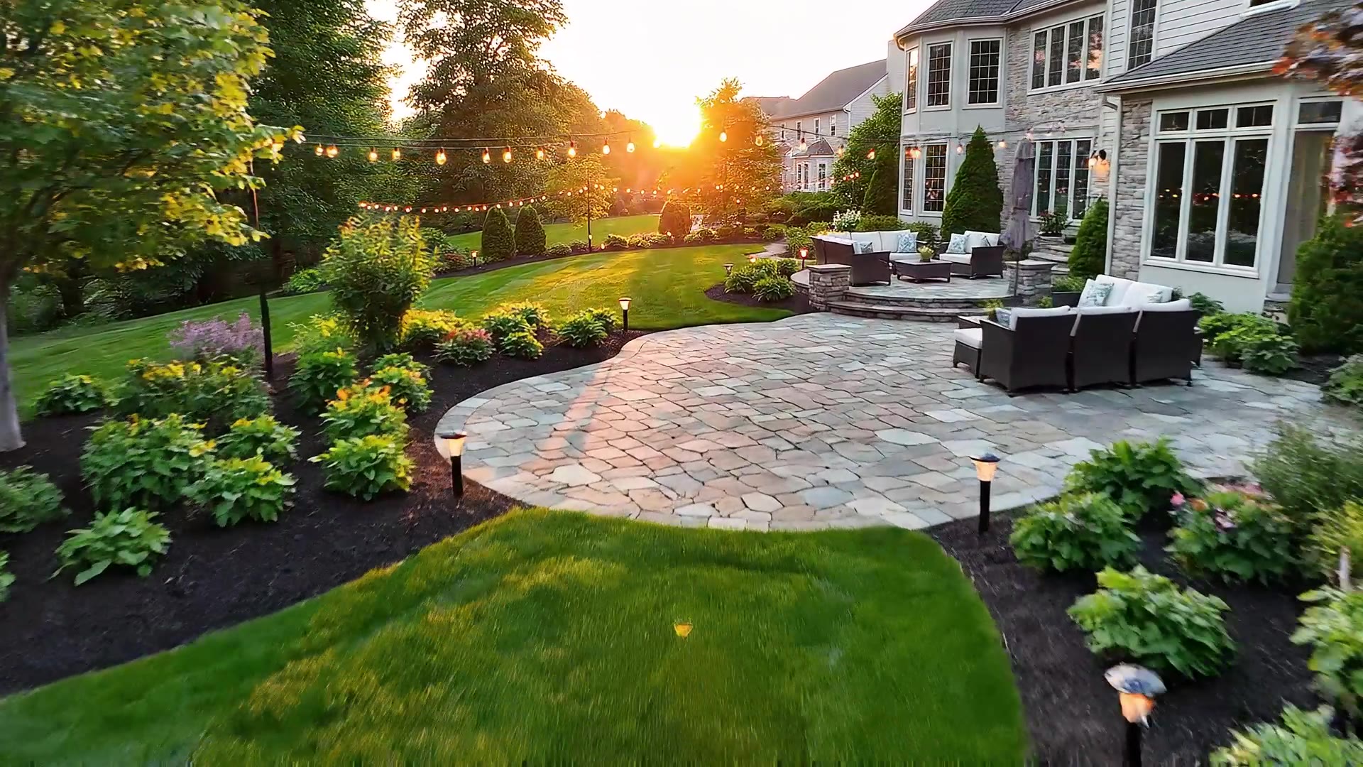 Backyard landscape design at golden hour with stone patio