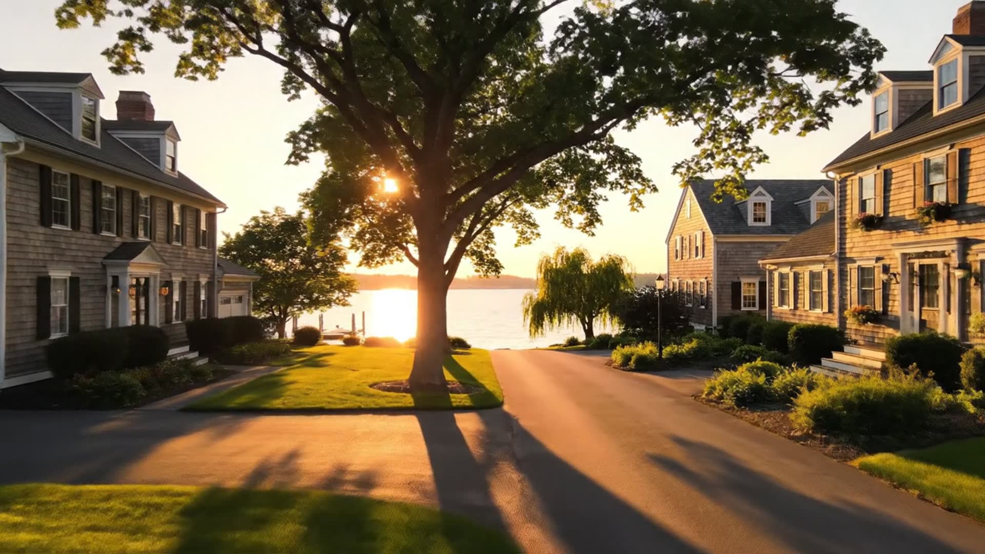 NJ Bayshore golden hour — colonial homes by the water