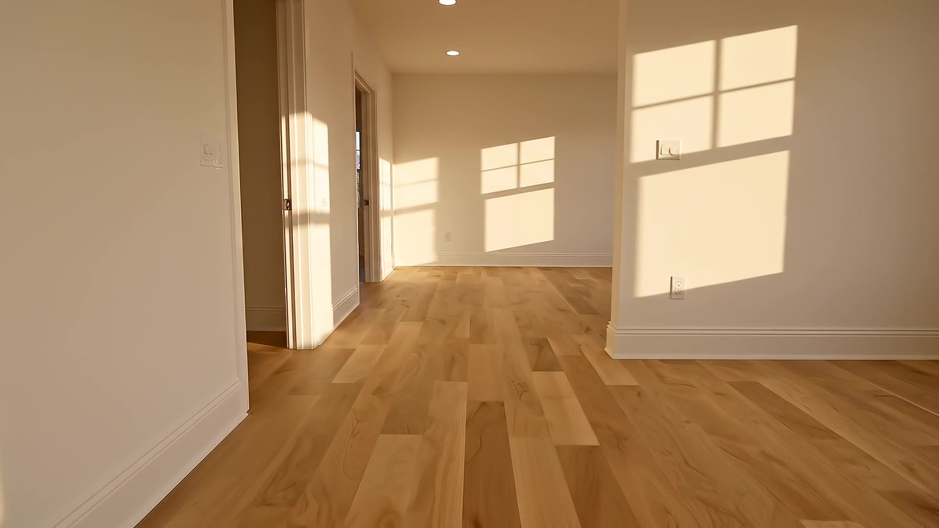 Restored residential interior with warm sunlight through windows