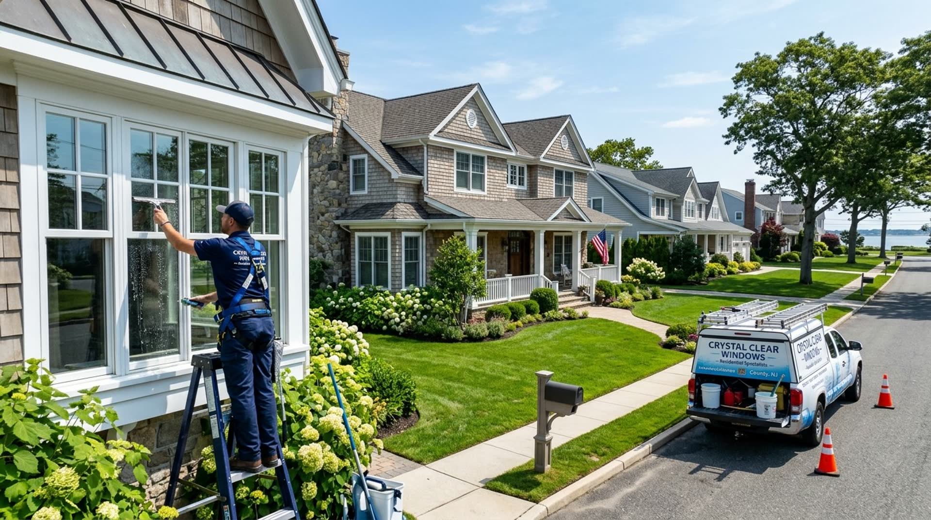 Window cleaner on a ladder along a NJ shore neighborhood