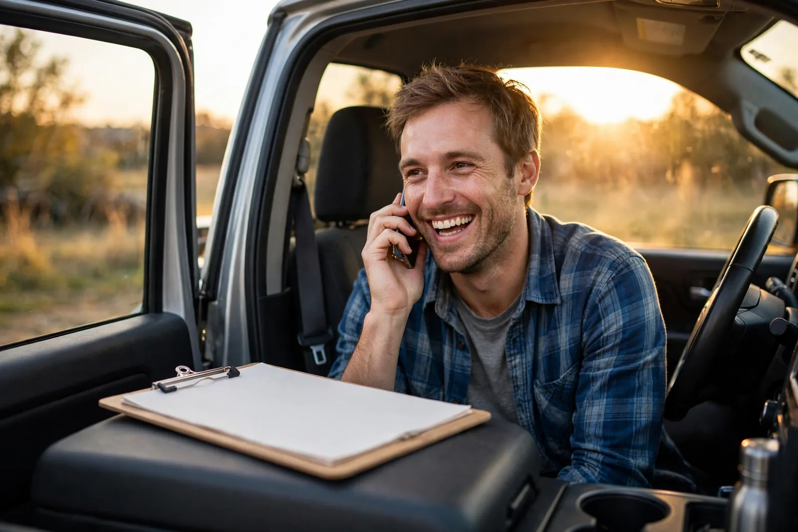 Business owner laughing on the phone in the cab of his pickup truck at sunset