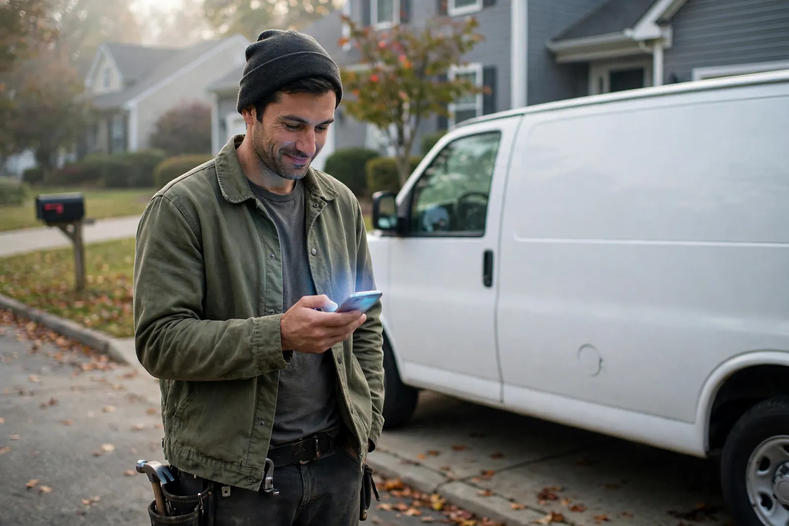 Contractor in a work jacket smiling at his phone next to his white work van in a suburban driveway