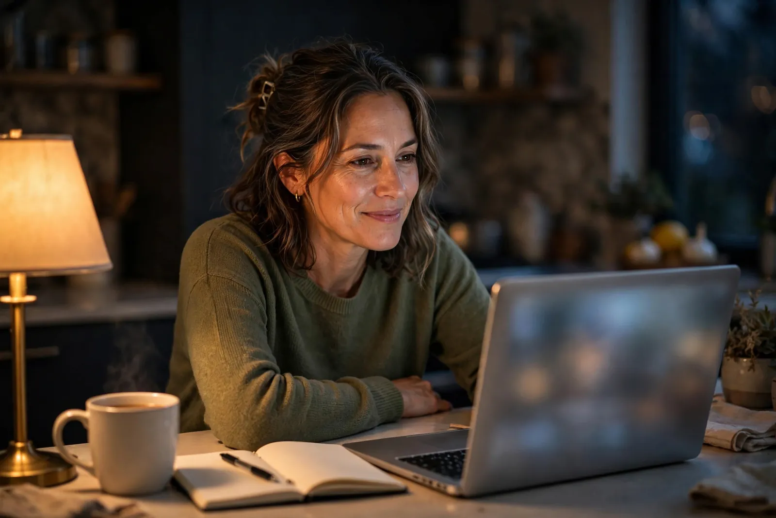 Small business owner smiling at her laptop at the kitchen table in the evening, coffee and notebook beside her