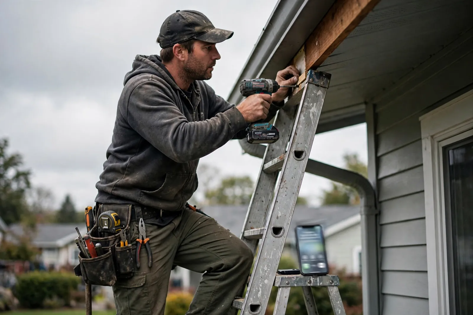 Contractor on a ladder with both hands on a drill while his phone rings unanswered on the ladder step