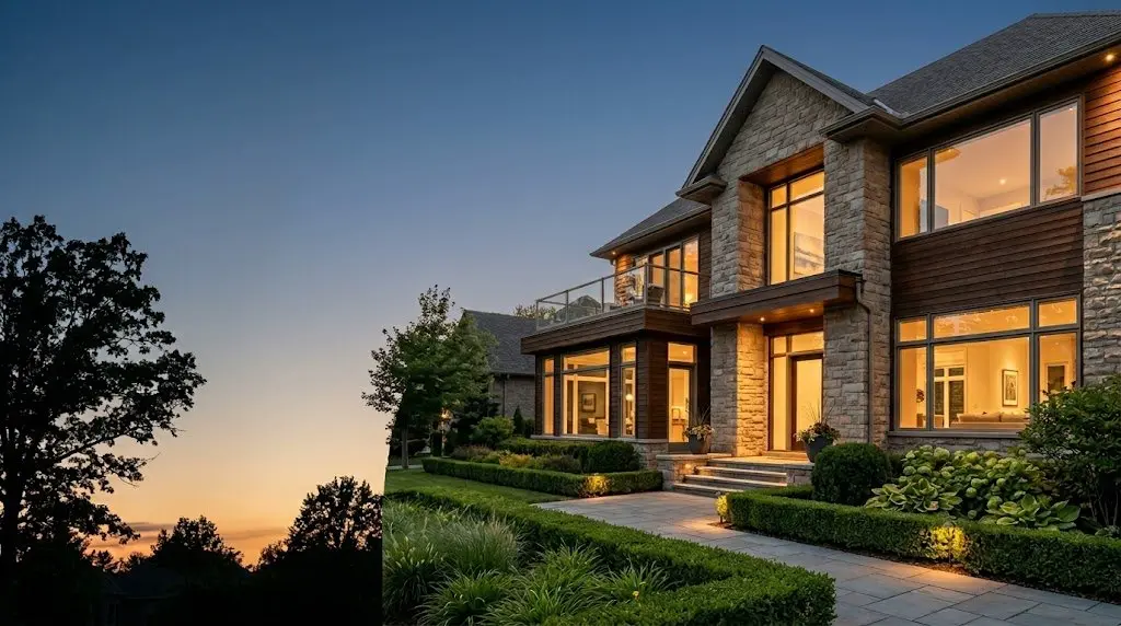 Luxury residential exterior at golden hour — premium real estate listing aesthetic