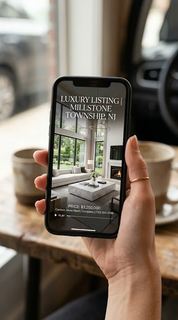 A real estate listing video playing on a smartphone — Luxury Listing, Millstone Township NJ, $3.25M