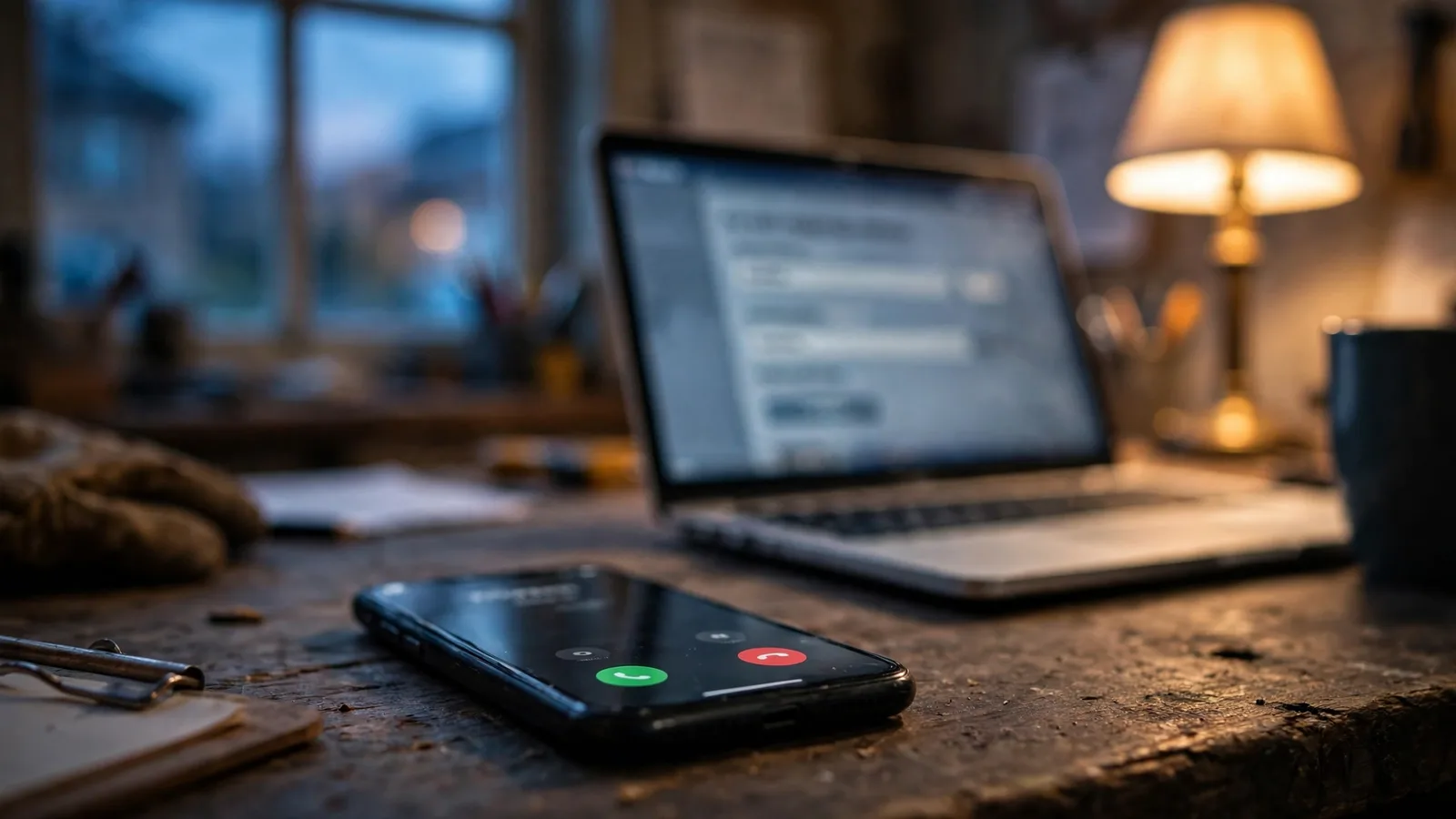 A phone ringing on a desk next to a laptop showing a web form