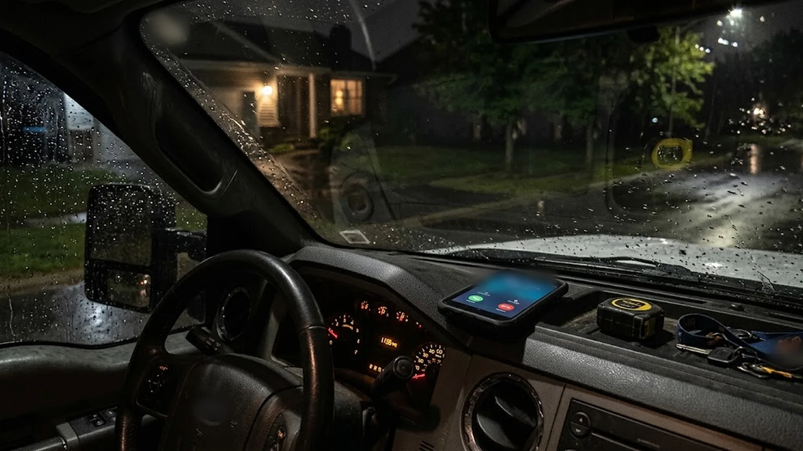 A phone ringing on the dashboard of a work truck parked on a rainy residential street at night