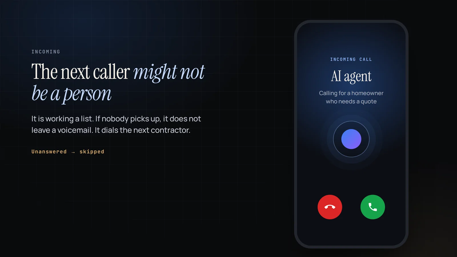 A phone showing an incoming call from an AI agent calling for a homeowner