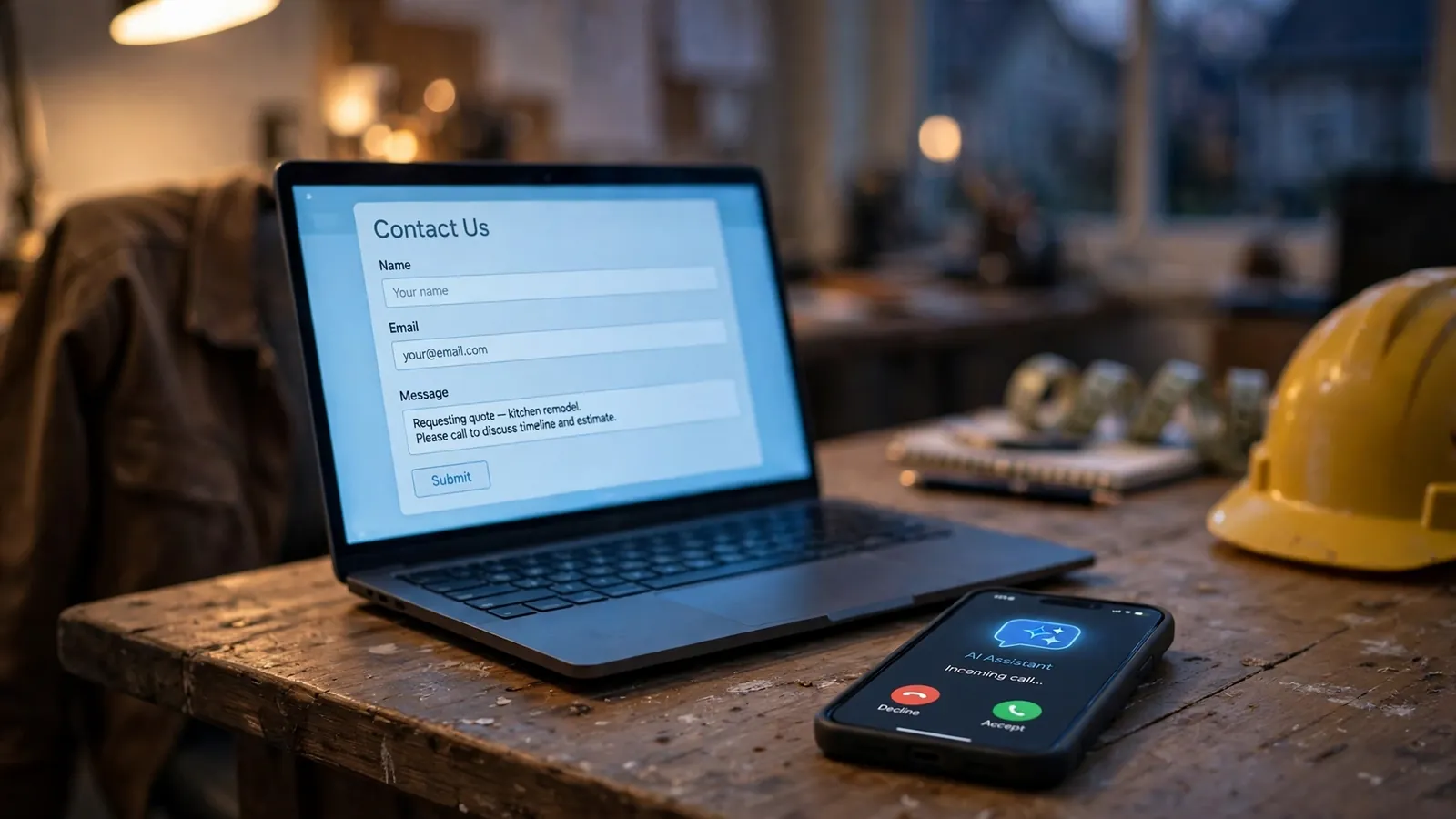 A laptop showing a contact form and a phone with an incoming AI assistant call on a contractor desk in the evening