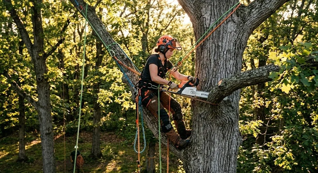 NJ ISA-certified arborist climbing oak tree with chainsaw for branch removal