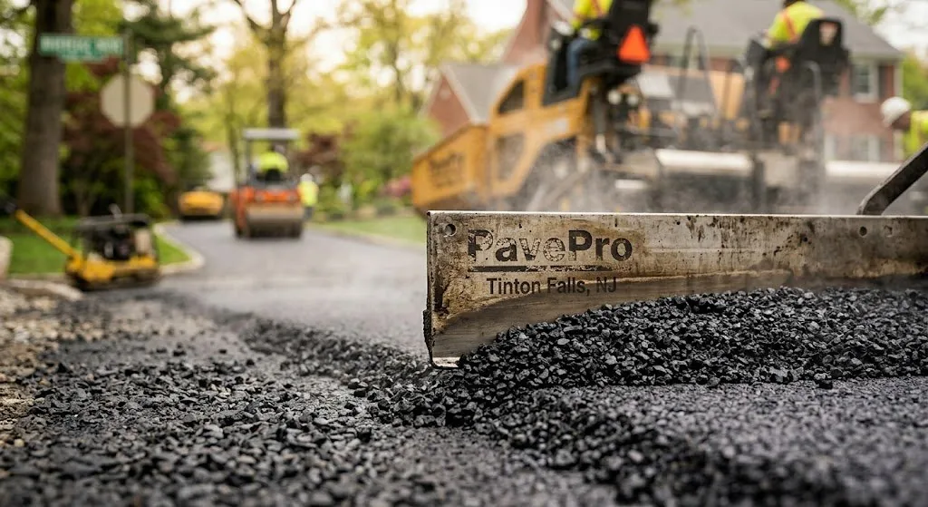 Asphalt paving screed leveling fresh driveway surface