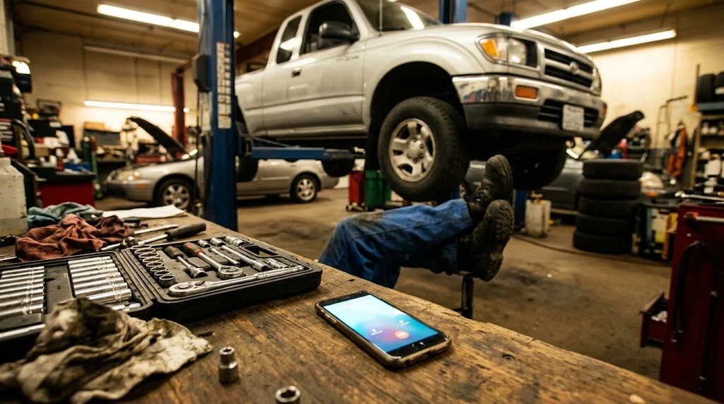 A phone ringing on a workbench in an auto repair shop while a mechanic works under a lifted pickup truck
