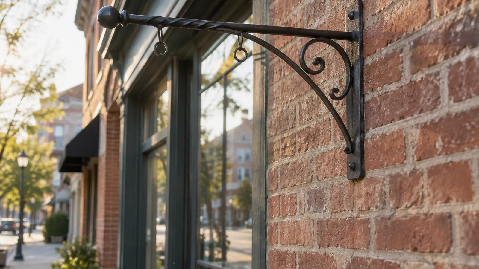 An empty wrought iron sign bracket on a brick storefront with no sign hung yet