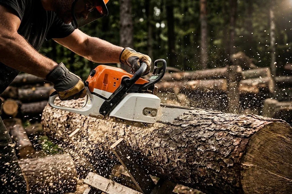 Chainsaw cutting tree branch with sawdust flying, detail shot