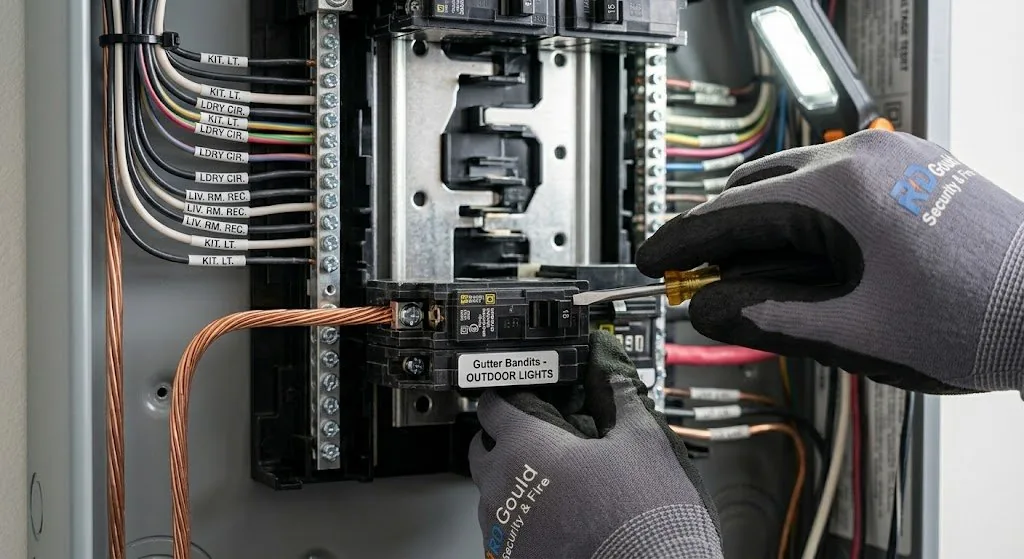 Licensed electrician installing residential circuit breaker panel in Bergen County, NJ