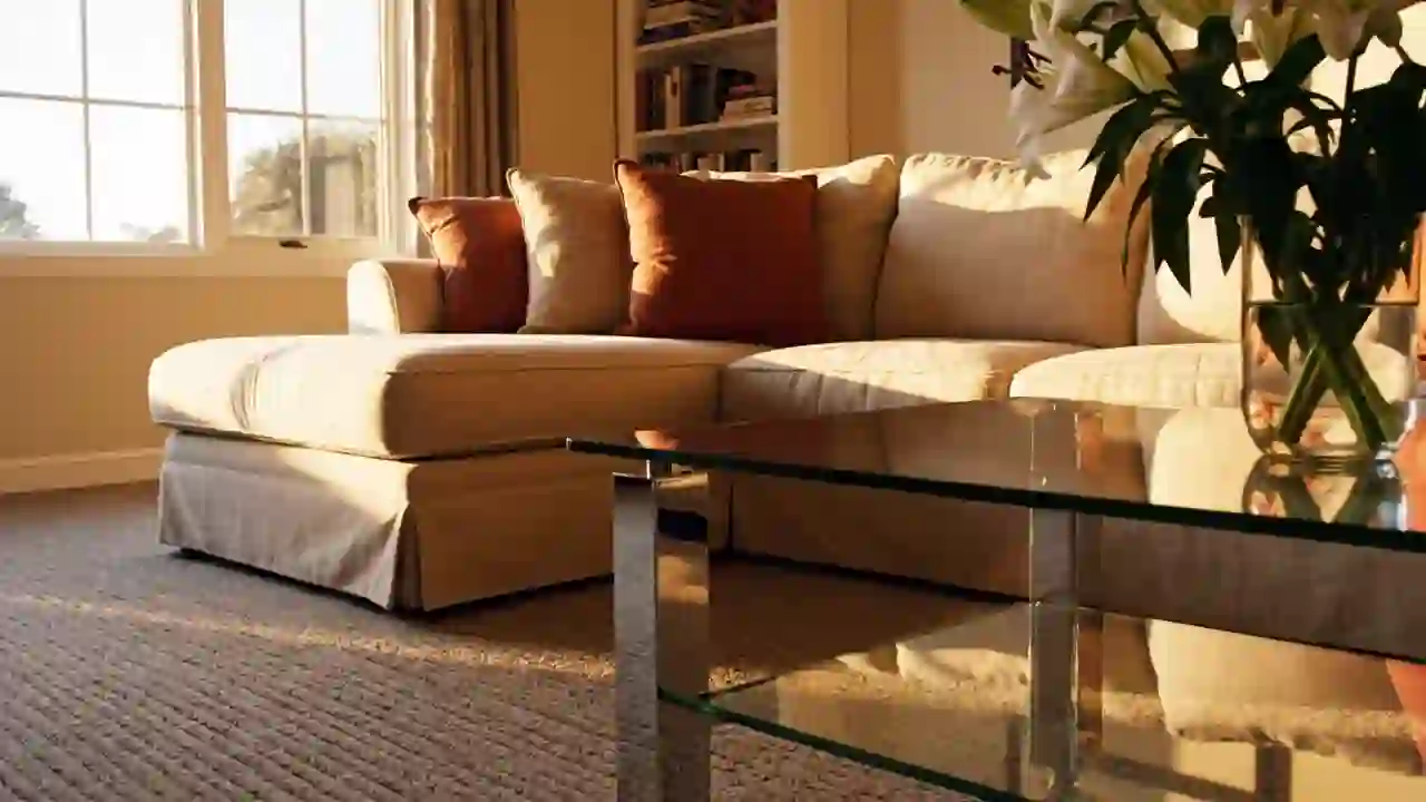 Clean cream-toned living room at golden hour after deep cleaning service