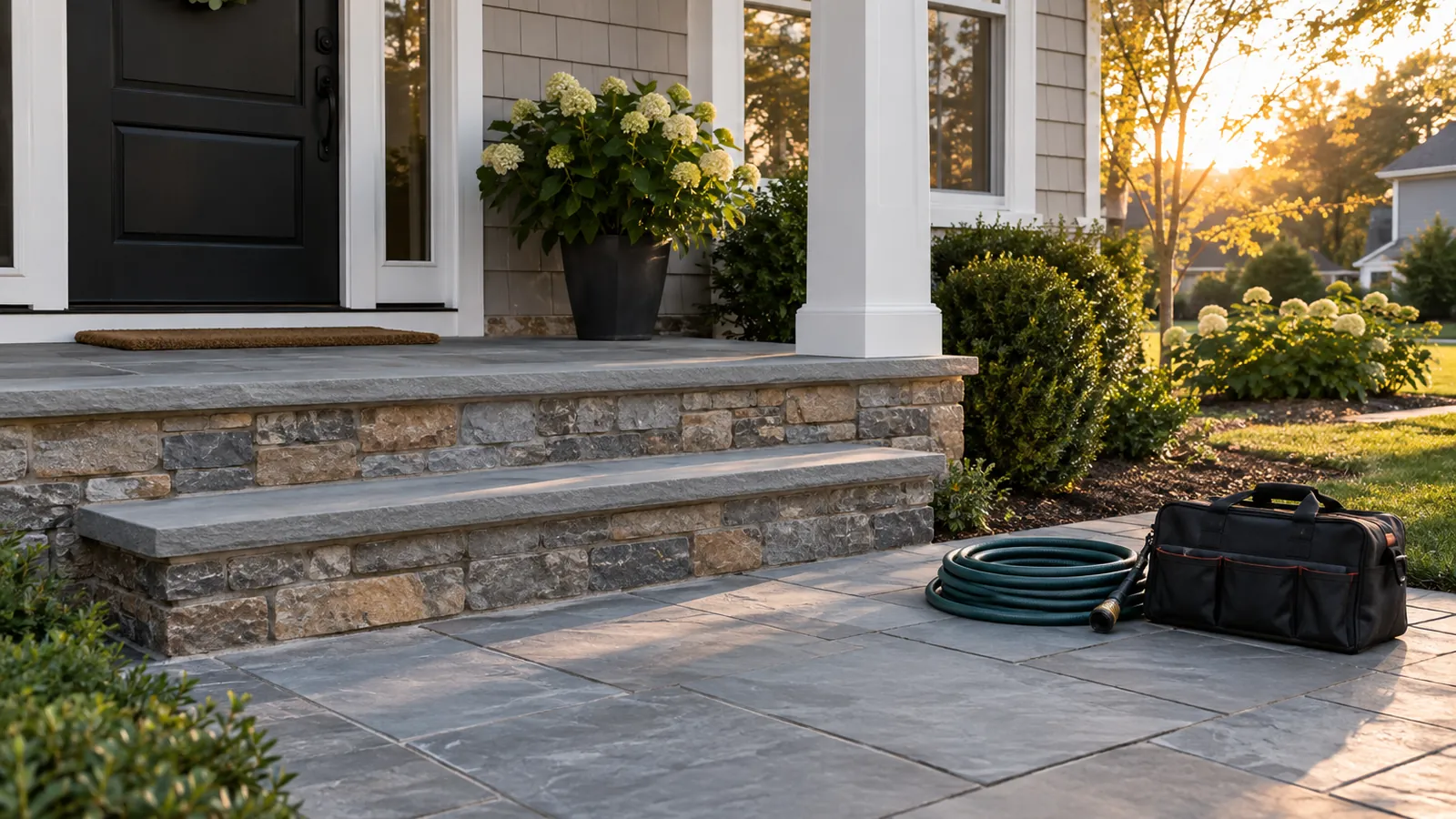 A swept residential front porch with a coiled hose and packed tool bag on the walkway
