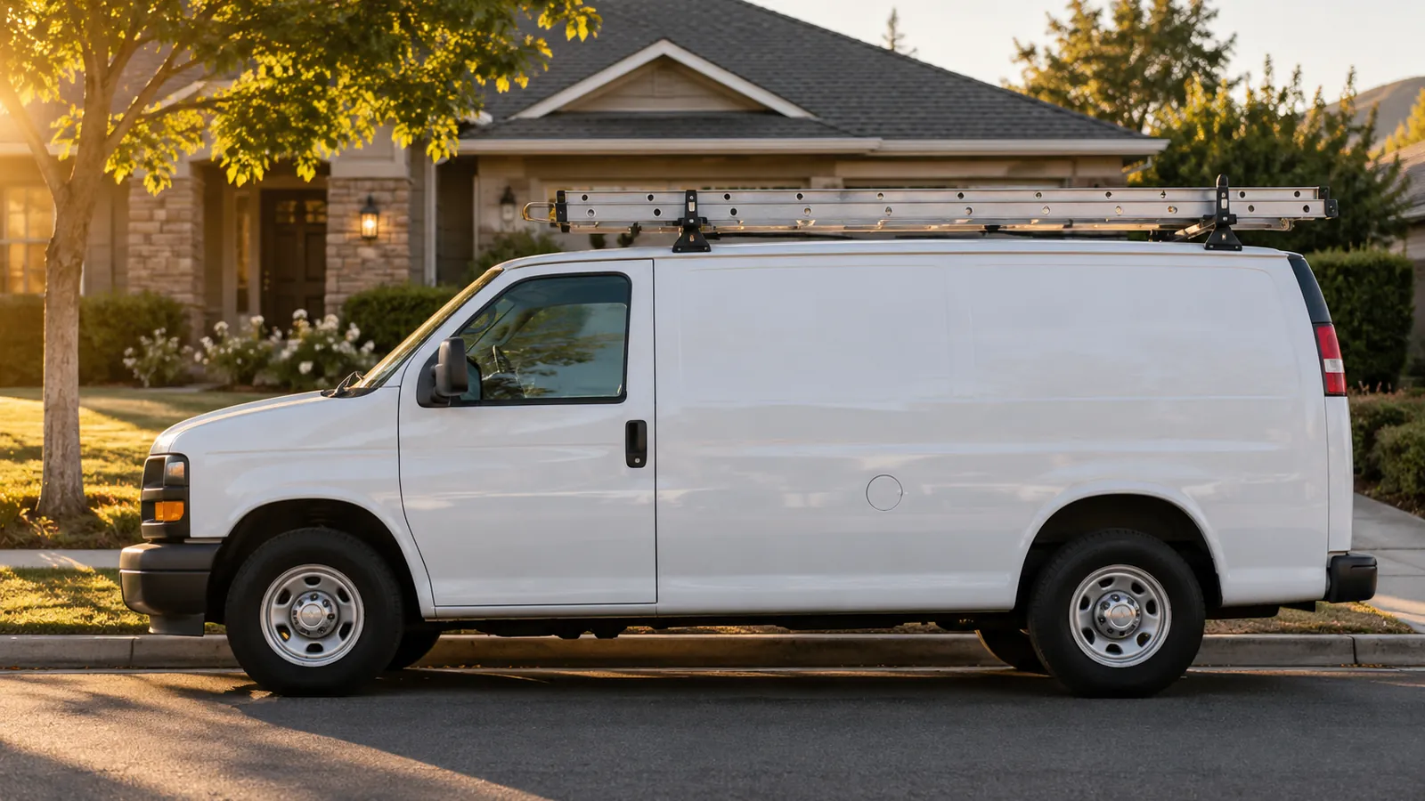 A clean unmarked white work van with a ladder rack parked outside a suburban home