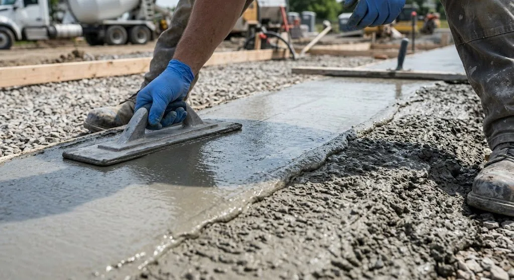 NJ concrete contractor finishing fresh pour with magnesium float