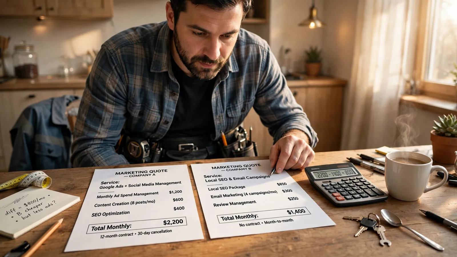 A contractor at his kitchen table comparing two printed marketing quotes with a calculator