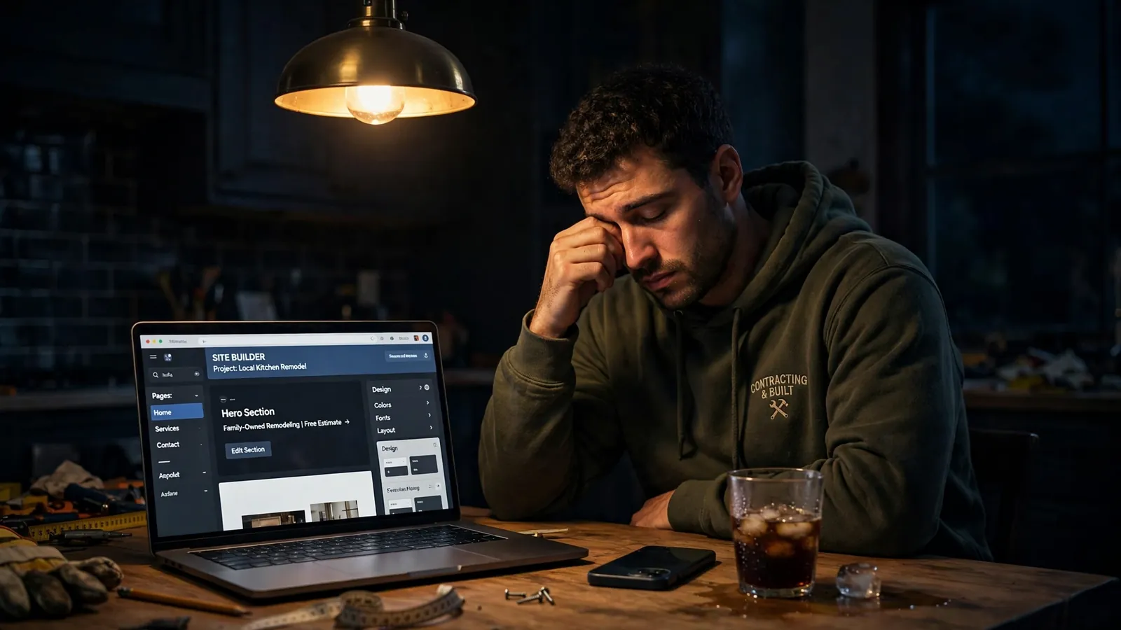 A tired contractor in a hoodie rubbing his eyes at a kitchen table late at night, a website builder open on his laptop
