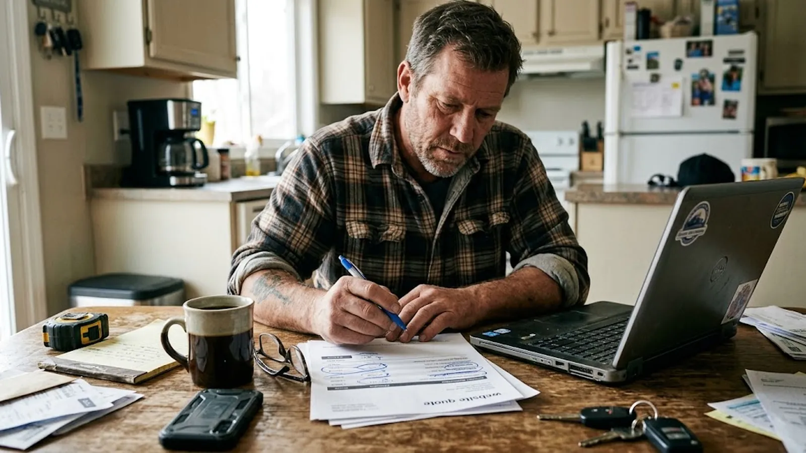 A contractor at a kitchen table marking up a printed website quote
