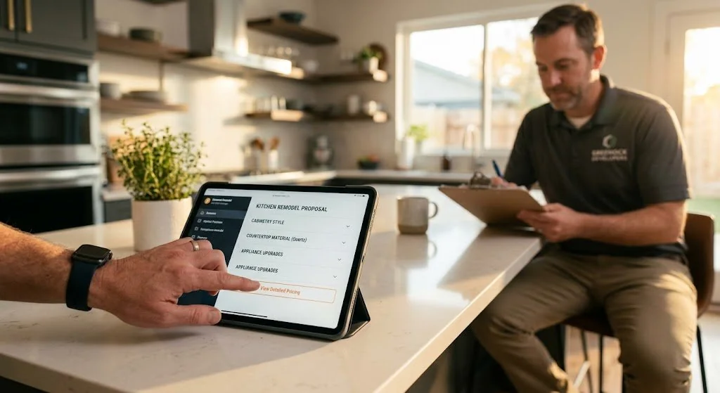 Customer tapping through proposal options on a tablet — the modern interactive checkout experience