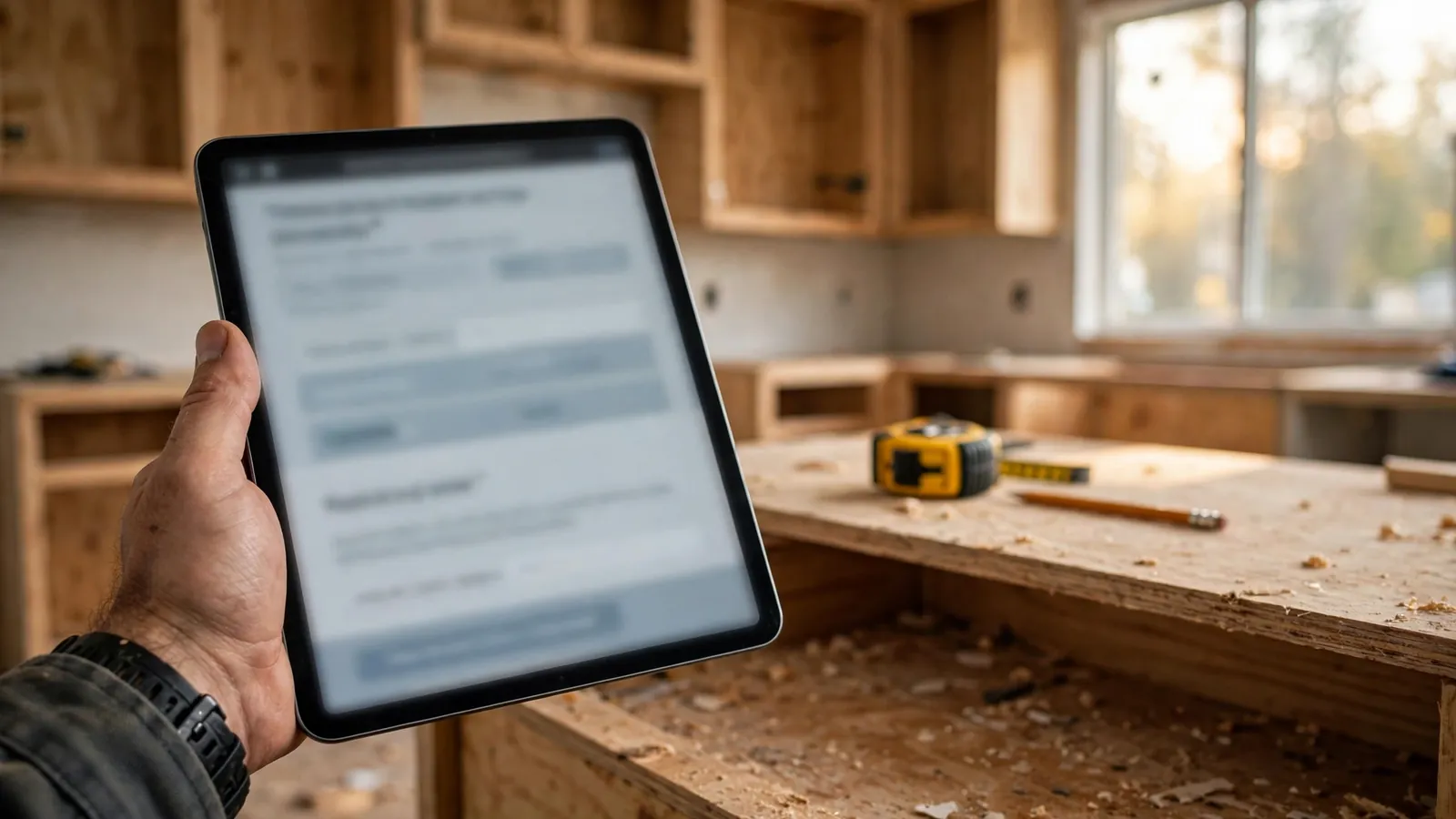 A contractor holding a tablet with a quote request form in a kitchen remodel