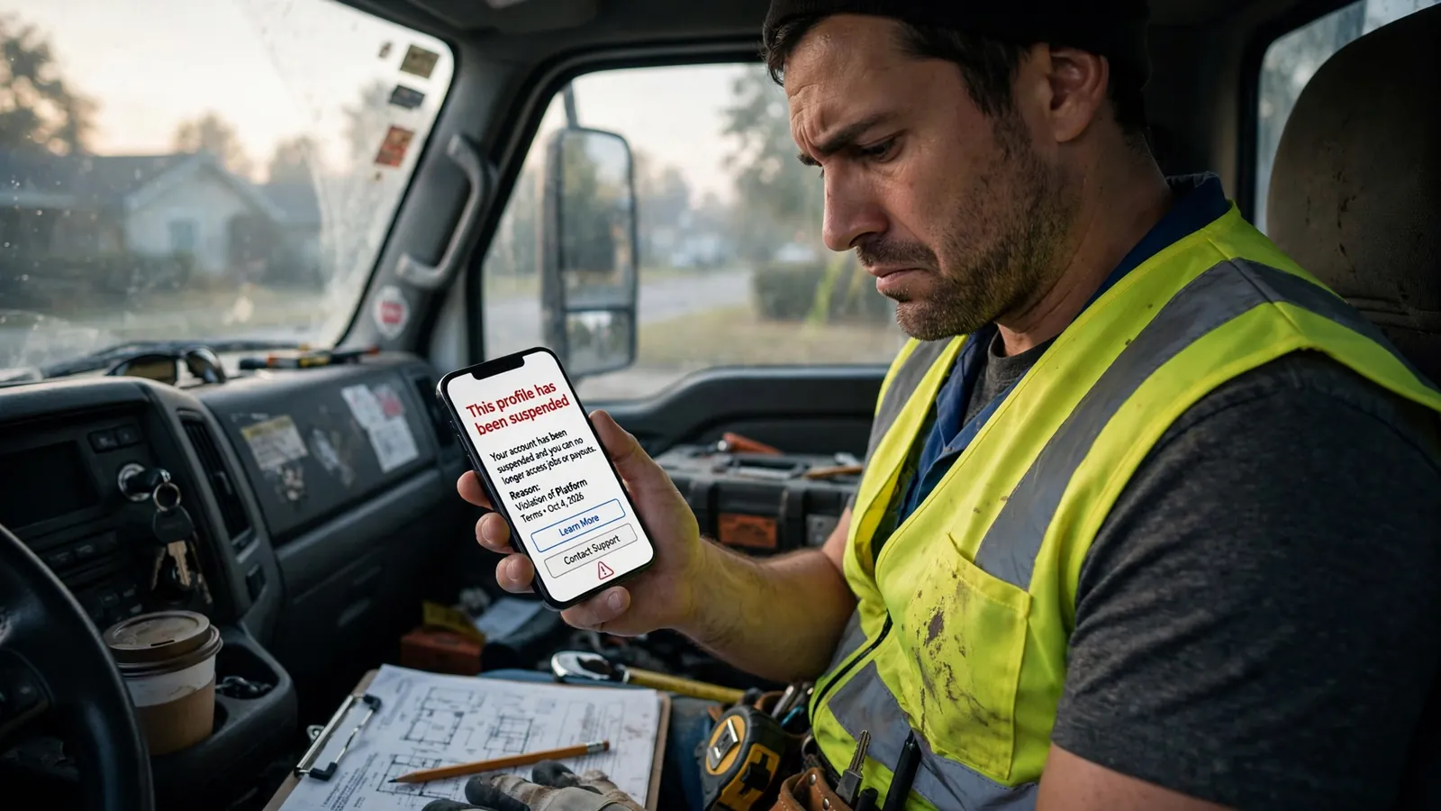 A frustrated contractor in his work truck reading a profile suspended notice on his phone