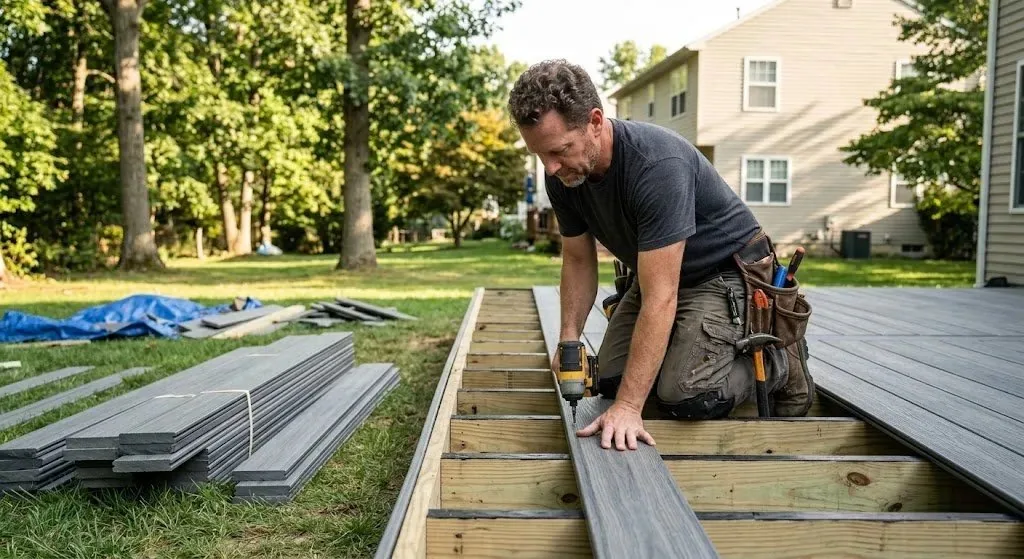 NJ deck builder installing composite decking boards on new build