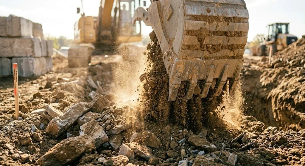 Excavator bucket digging through rocky NJ soil during foundation work