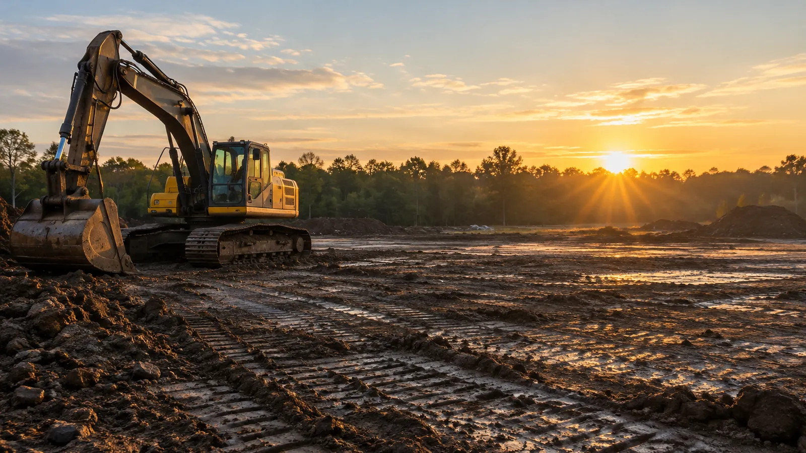 An excavator on a cleared commercial lot at sunrise in New Jersey