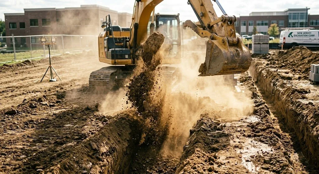 Excavator digging foundation trench at NJ construction site