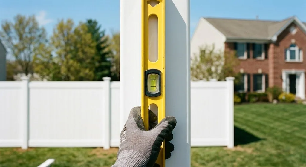 Fence installer leveling vinyl post during installation, detail shot