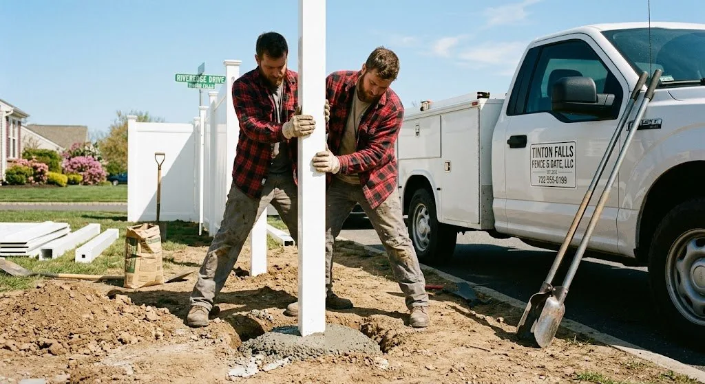 NJ fence installer setting vinyl fence post in concrete footing
