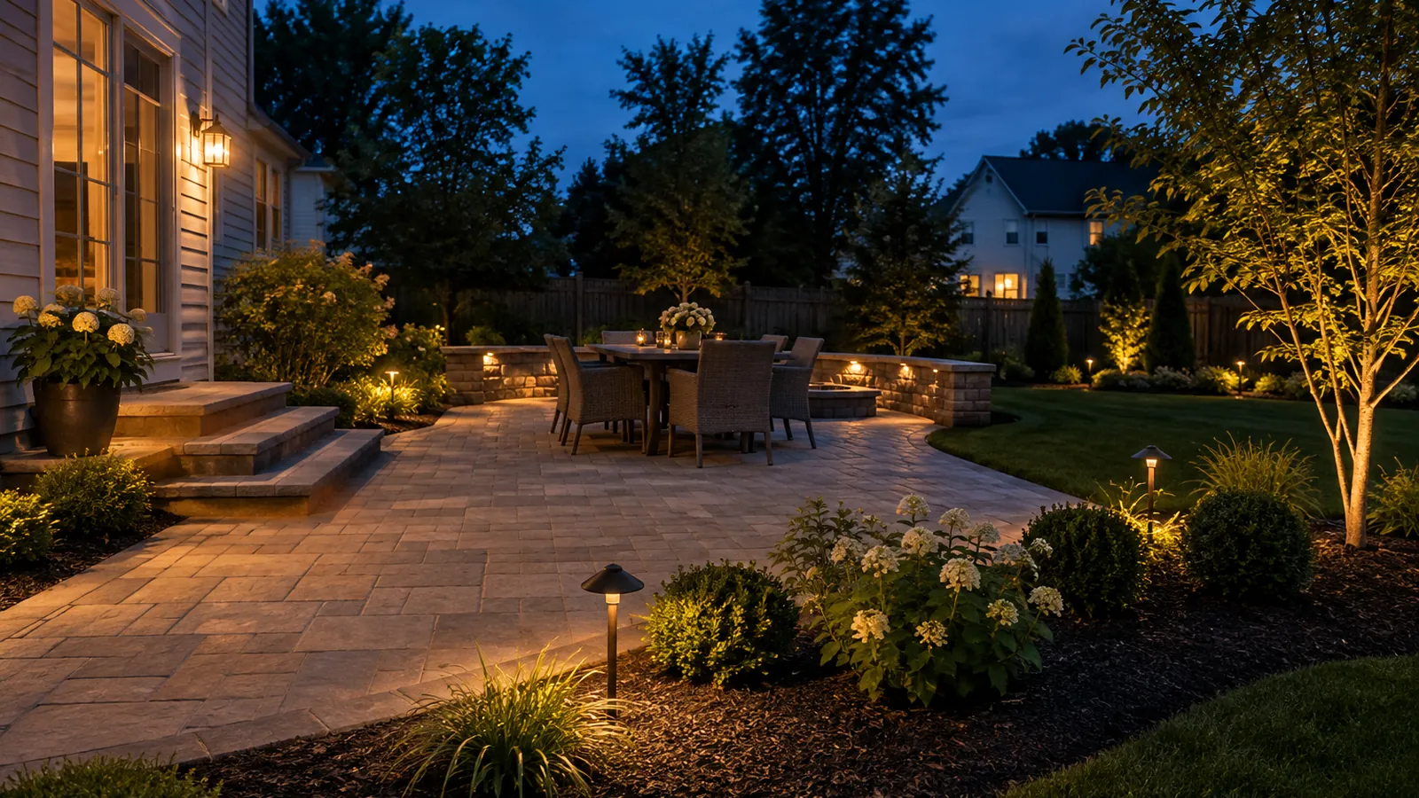 A finished paver patio and new plantings with landscape lighting on at dusk