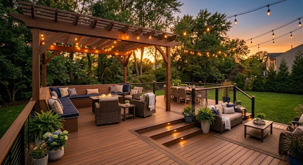 Finished multi-level composite deck with pergola in NJ backyard