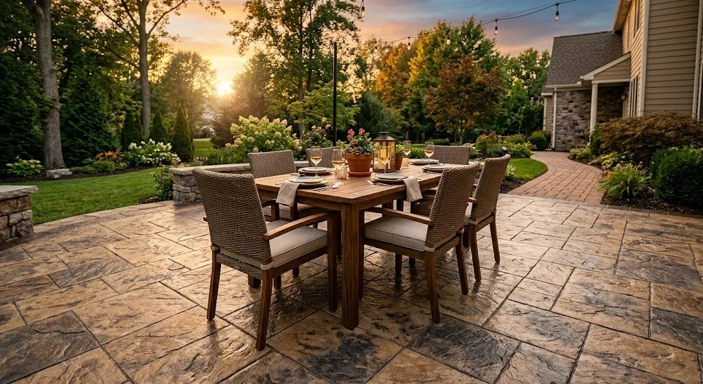 Finished stamped concrete patio for outdoor living in NJ residence