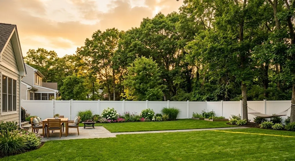 Finished white vinyl privacy fence in NJ residential backyard