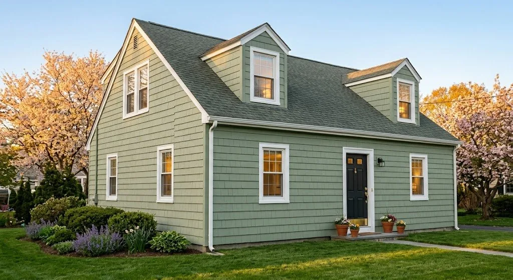 Freshly painted NJ Cape Cod home with sage green siding and white trim