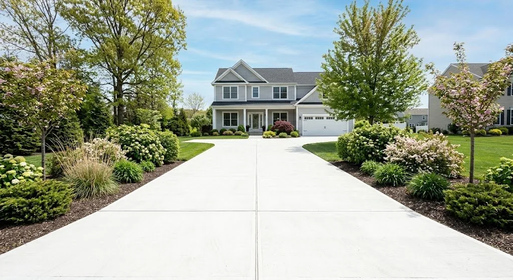 Freshly pressure-washed concrete driveway in front of NJ residential home