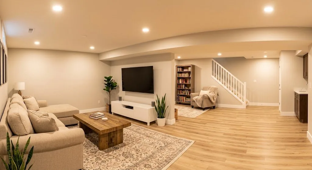 Fully restored NJ basement after water damage cleanup and restoration