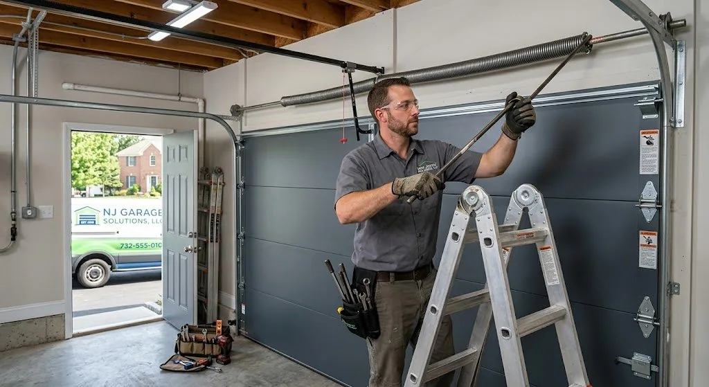 NJ garage door technician installing torsion spring during emergency repair