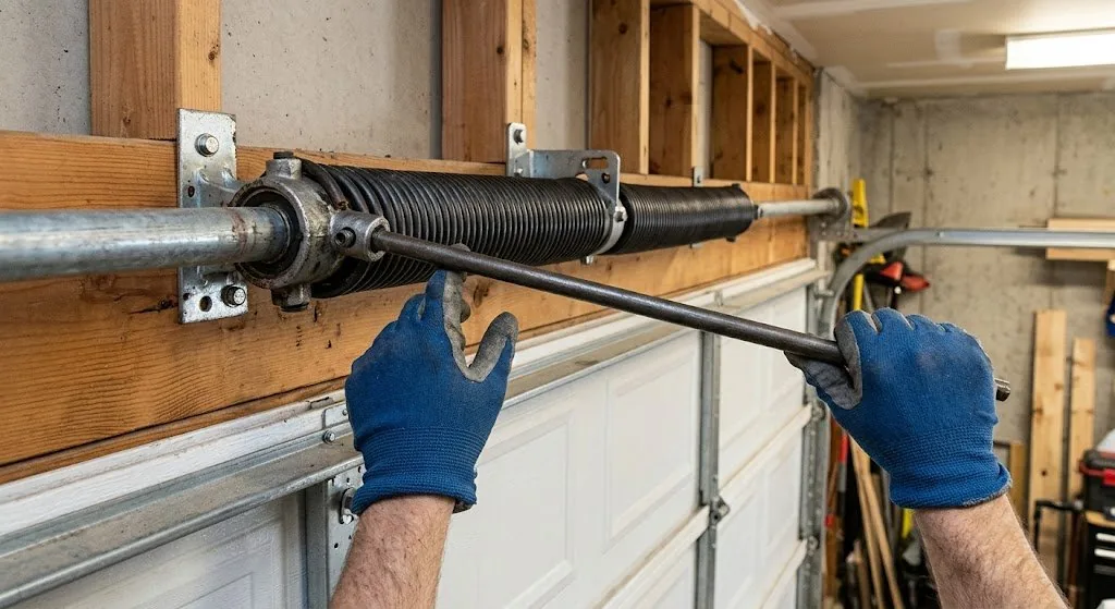 Garage door torsion spring being tensioned during installation, detail shot